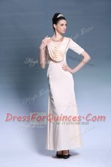 Scoop Champagne Zipper Prom Gown Beading and Ruching Short Sleeves Floor Length