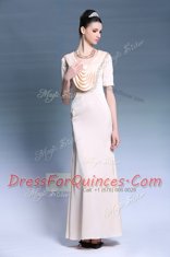 Scoop Champagne Zipper Prom Gown Beading and Ruching Short Sleeves Floor Length