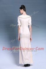Scoop Champagne Zipper Prom Gown Beading and Ruching Short Sleeves Floor Length
