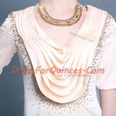 Scoop Champagne Zipper Prom Gown Beading and Ruching Short Sleeves Floor Length