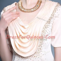 Scoop Champagne Zipper Prom Gown Beading and Ruching Short Sleeves Floor Length