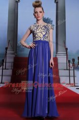 Scoop Royal Blue Column/Sheath Embroidery and Sequins Evening Dress Zipper Chiffon Cap Sleeves Floor Length