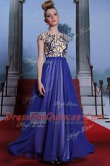 Scoop Royal Blue Column/Sheath Embroidery and Sequins Evening Dress Zipper Chiffon Cap Sleeves Floor Length