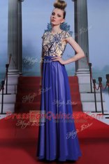 Scoop Royal Blue Column/Sheath Embroidery and Sequins Evening Dress Zipper Chiffon Cap Sleeves Floor Length