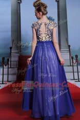Scoop Royal Blue Column/Sheath Embroidery and Sequins Evening Dress Zipper Chiffon Cap Sleeves Floor Length