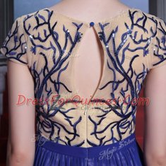 Scoop Royal Blue Column/Sheath Embroidery and Sequins Evening Dress Zipper Chiffon Cap Sleeves Floor Length