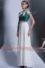 Gorgeous White Empire Scoop Cap Sleeves Chiffon Floor Length Zipper Appliques