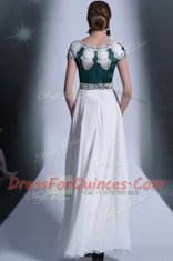 Gorgeous White Empire Scoop Cap Sleeves Chiffon Floor Length Zipper Appliques