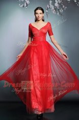 Red Chiffon Zipper V-neck Short Sleeves Floor Length Prom Evening Gown Sequins