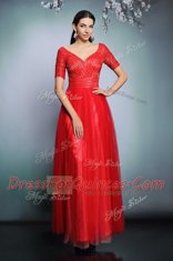 Red Chiffon Zipper V-neck Short Sleeves Floor Length Prom Evening Gown Sequins