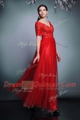 Red Chiffon Zipper V-neck Short Sleeves Floor Length Prom Evening Gown Sequins