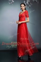 Red Chiffon Zipper V-neck Short Sleeves Floor Length Prom Evening Gown Sequins