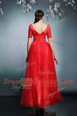 Red Chiffon Zipper V-neck Short Sleeves Floor Length Prom Evening Gown Sequins