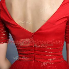 Red Chiffon Zipper V-neck Short Sleeves Floor Length Prom Evening Gown Sequins