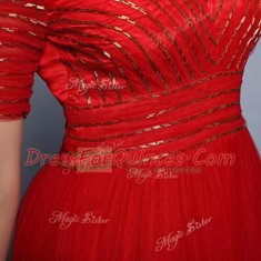 Red Chiffon Zipper V-neck Short Sleeves Floor Length Prom Evening Gown Sequins