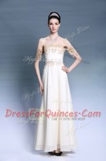 Super Off the Shoulder Short Sleeves Zipper Floor Length Appliques Prom Dresses