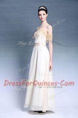 Super Off the Shoulder Short Sleeves Zipper Floor Length Appliques Prom Dresses