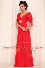 Red Short Sleeves Beading Floor Length Prom Gown