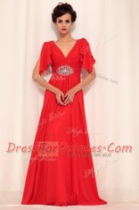 Red Short Sleeves Beading Floor Length Prom Gown