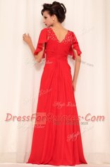 Red Short Sleeves Beading Floor Length Prom Gown