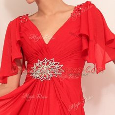 Red Short Sleeves Beading Floor Length Prom Gown