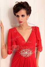 Red Short Sleeves Beading Floor Length Prom Gown