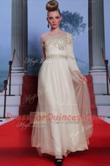 Artistic One Shoulder Tulle 3 4 Length Sleeve Floor Length Prom Dress and Beading and Appliques