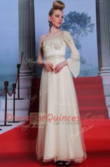 Artistic One Shoulder Tulle 3 4 Length Sleeve Floor Length Prom Dress and Beading and Appliques