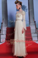 Artistic One Shoulder Tulle 3 4 Length Sleeve Floor Length Prom Dress and Beading and Appliques