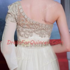 Artistic One Shoulder Tulle 3 4 Length Sleeve Floor Length Prom Dress and Beading and Appliques