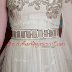 Artistic One Shoulder Tulle 3 4 Length Sleeve Floor Length Prom Dress and Beading and Appliques