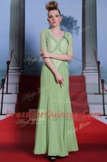 Beading and Lace Prom Party Dress Olive Green Side Zipper Cap Sleeves Ankle Length