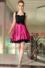 Pink And Black Side Zipper Prom Dress Beading Sleeveless Knee Length