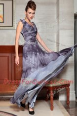 Sophisticated Grey Sleeveless Beading and Ruffles Floor Length Evening Dress