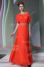 Scoop Ankle Length Column/Sheath Short Sleeves Coral Red Evening Dress Side Zipper