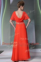 Scoop Ankle Length Column/Sheath Short Sleeves Coral Red Evening Dress Side Zipper