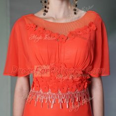 Scoop Ankle Length Column/Sheath Short Sleeves Coral Red Evening Dress Side Zipper