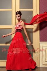 Excellent Sleeveless Floor Length Beading Side Zipper with Red