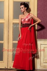 Excellent Sleeveless Floor Length Beading Side Zipper with Red