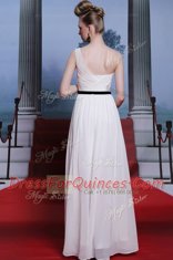 Gorgeous Sweetheart Sleeveless Evening Dress Floor Length Ruching and Belt White Chiffon