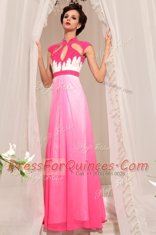 Vintage Hot Pink Chiffon Zipper High-neck Sleeveless Floor Length Beading