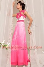 Vintage Hot Pink Chiffon Zipper High-neck Sleeveless Floor Length Beading