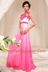 Vintage Hot Pink Chiffon Zipper High-neck Sleeveless Floor Length Beading