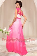 Vintage Hot Pink Chiffon Zipper High-neck Sleeveless Floor Length Beading
