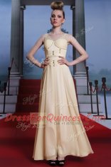 Light Yellow V-neck Side Zipper Beading and Ruching Prom Dresses Sleeveless