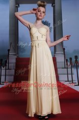 Light Yellow V-neck Side Zipper Beading and Ruching Prom Dresses Sleeveless