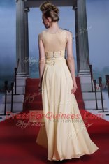 Light Yellow V-neck Side Zipper Beading and Ruching Prom Dresses Sleeveless