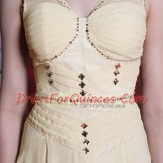 Light Yellow V-neck Side Zipper Beading and Ruching Prom Dresses Sleeveless