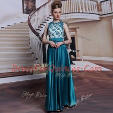 Hot Sale Teal Scalloped Neckline Beading and Appliques Prom Evening Gown Sleeveless Clasp Handle