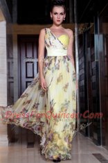 Classical One Shoulder Sleeveless Beading and Pattern Side Zipper Prom Gown